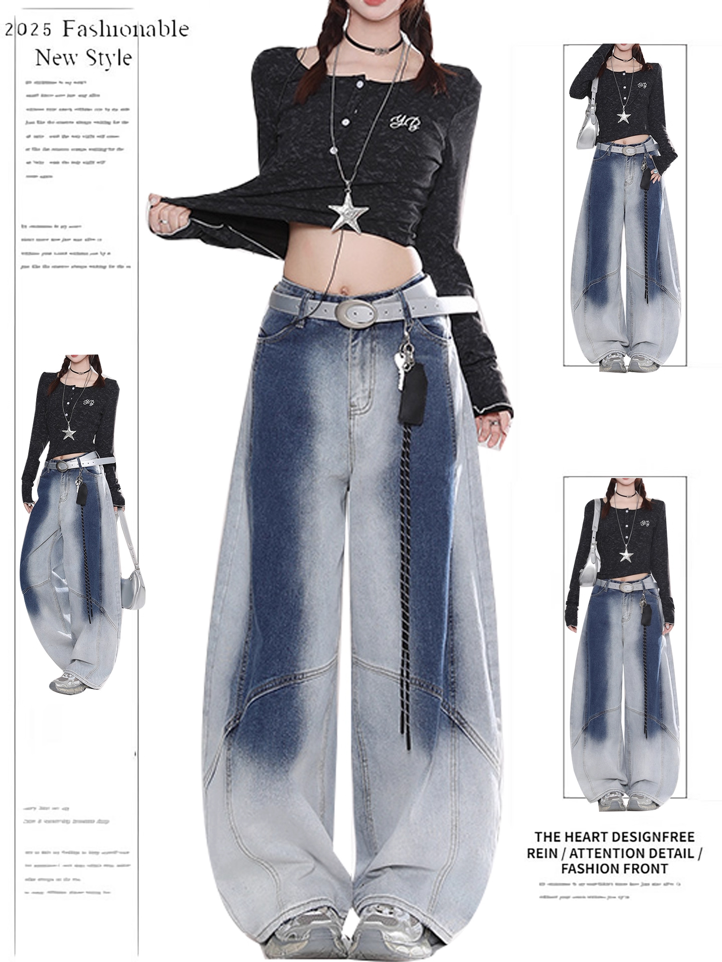 2025新款美式复古渐变水洗弯刀牛仔裤女秋季新款宽松慵懒风休闲裤