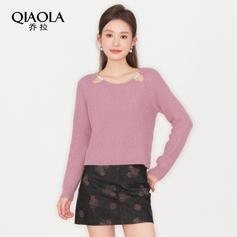 QIAOLA/乔拉【花影悦动】秋季坑条马海毛圆领牛仔碎花时尚套装预售