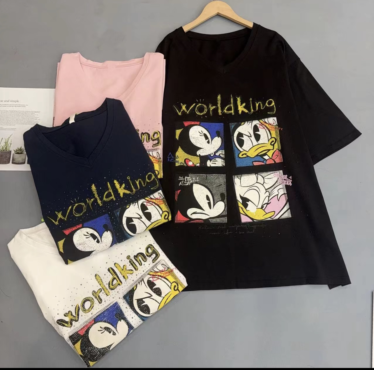 140-190斤 衣长80胸围130 欧货六分袖重工四宫格米奇开衩T恤