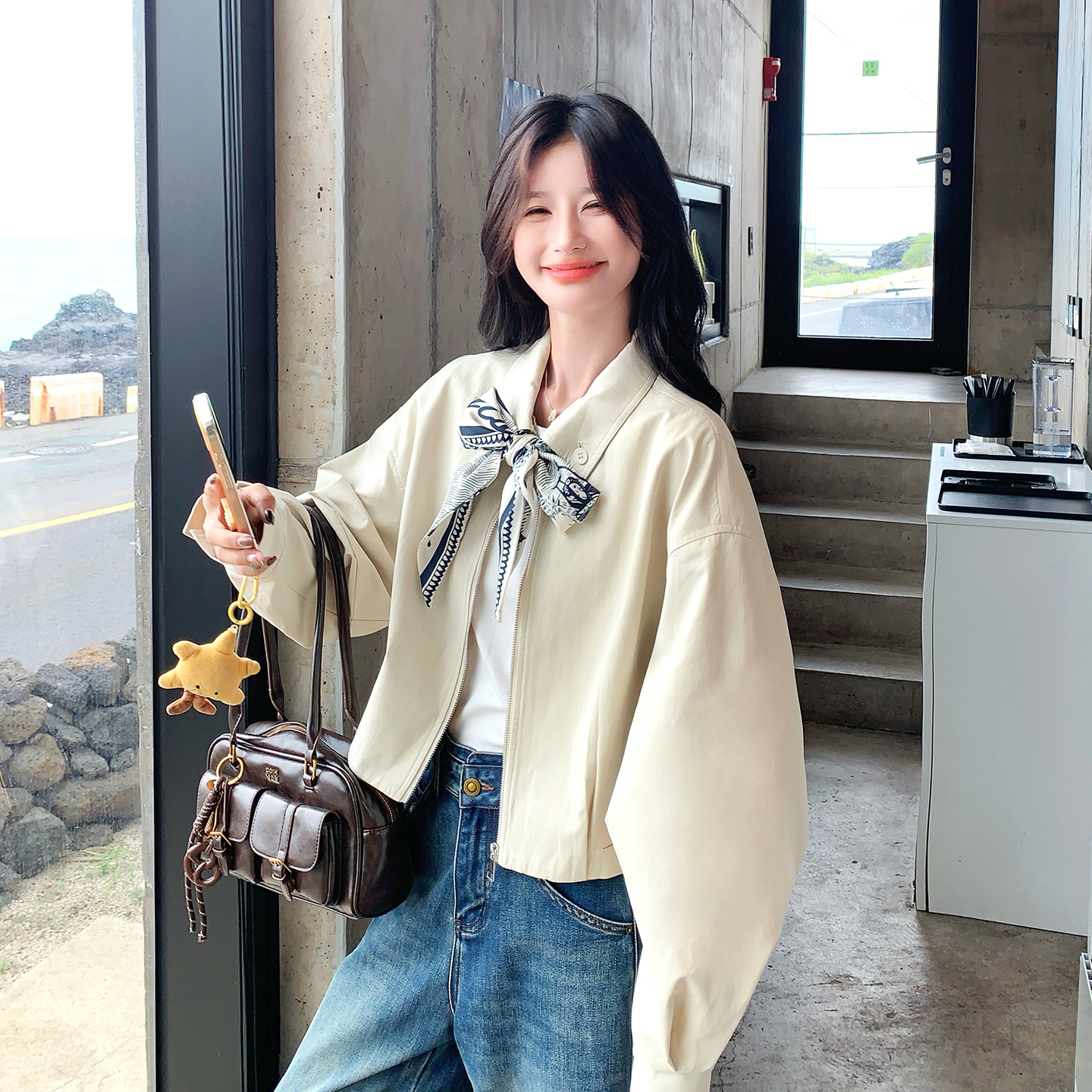 设计感丝巾飘带翻领夹克短外套女2025春秋新款小个子休闲百搭上衣