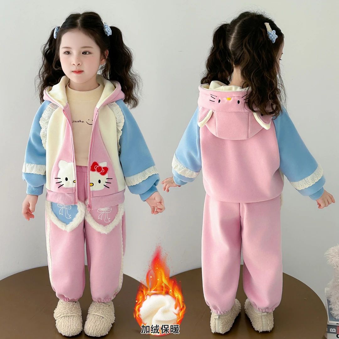 女童加绒卡通套装洋气可爱儿童秋冬装外套女宝宝加厚休闲两件套潮