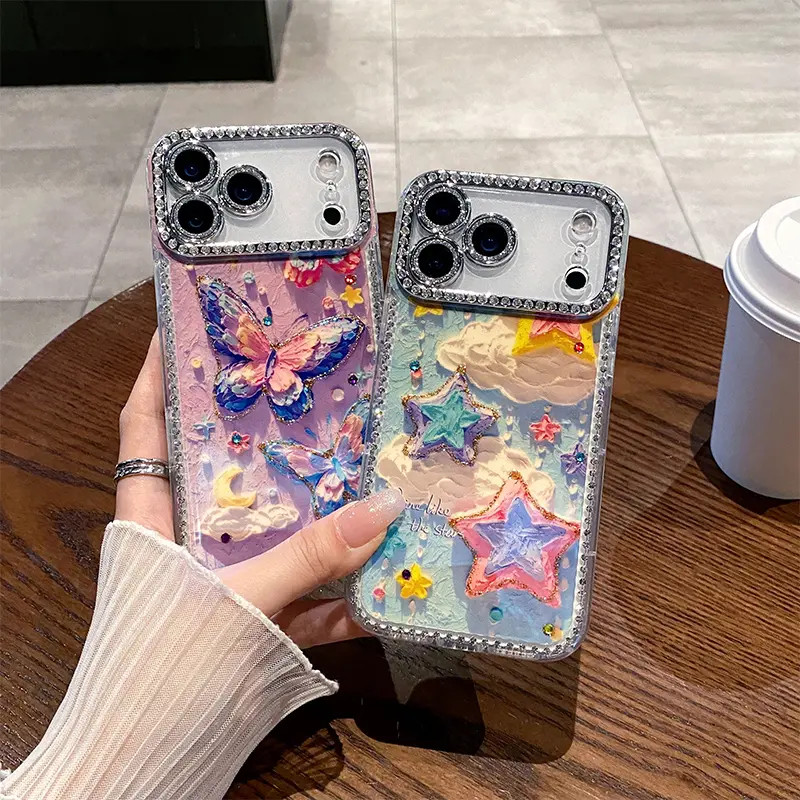 带闪粉镜头膜适用iPhone17新款手机壳15promax镶钻七彩云朵蝴蝶14