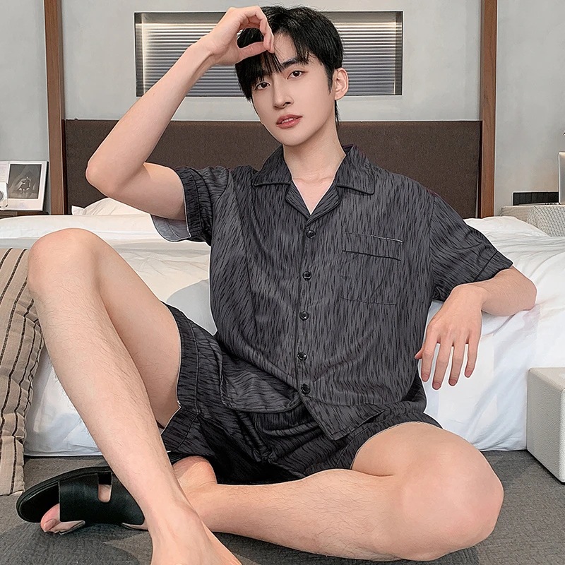 男士睡衣夏季冰丝短袖裤薄款夏天高级感时尚青年仿真丝家居服套装