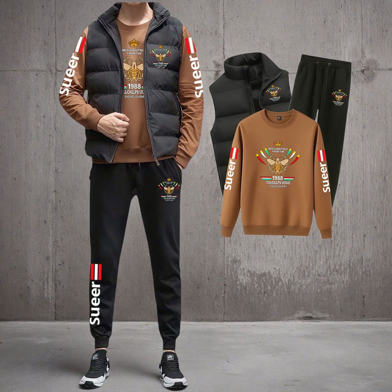 男士圆领保暖加绒加厚休闲运动马甲三件套装高腰束脚长裤男秋冬