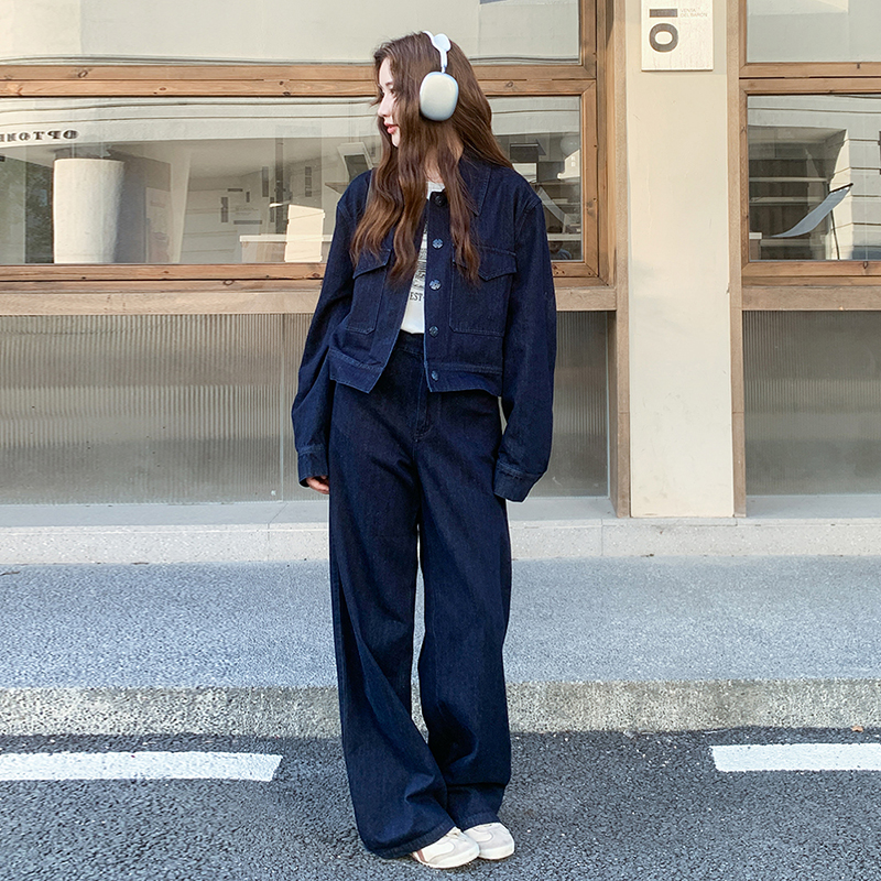 韩系ins复古时尚牛仔套装女2025春秋新款休闲短外套阔腿裤两件套