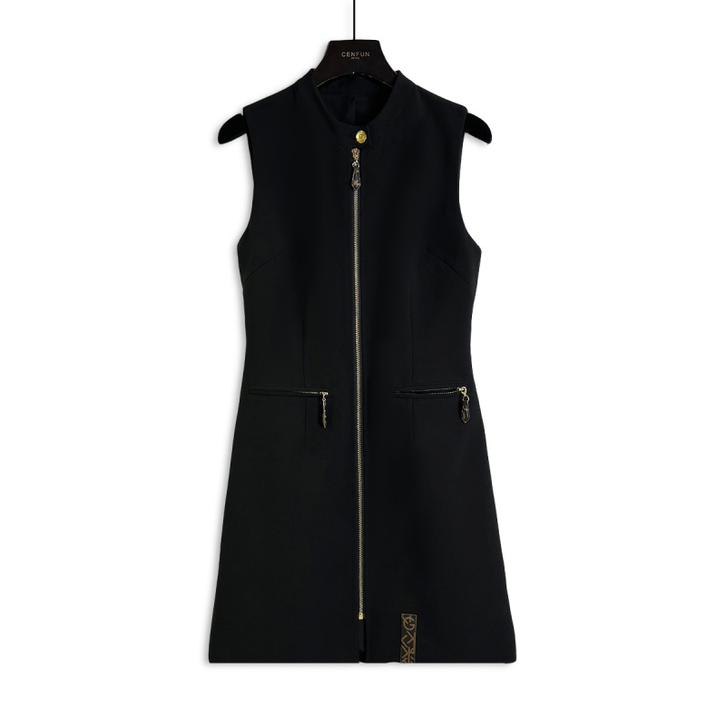 【CENFUN】2025春夏黑色拉链金标无袖连衣裙E001294