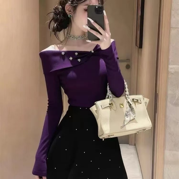 法式时尚套装长袖秋冬一字肩轻奢风短款小众休闲上衣显瘦气质百搭