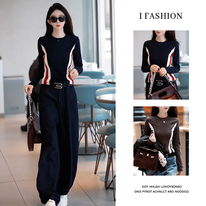 休闲拼接条纹长袖t恤女2025年春秋新款设计感修身显瘦小个子上衣