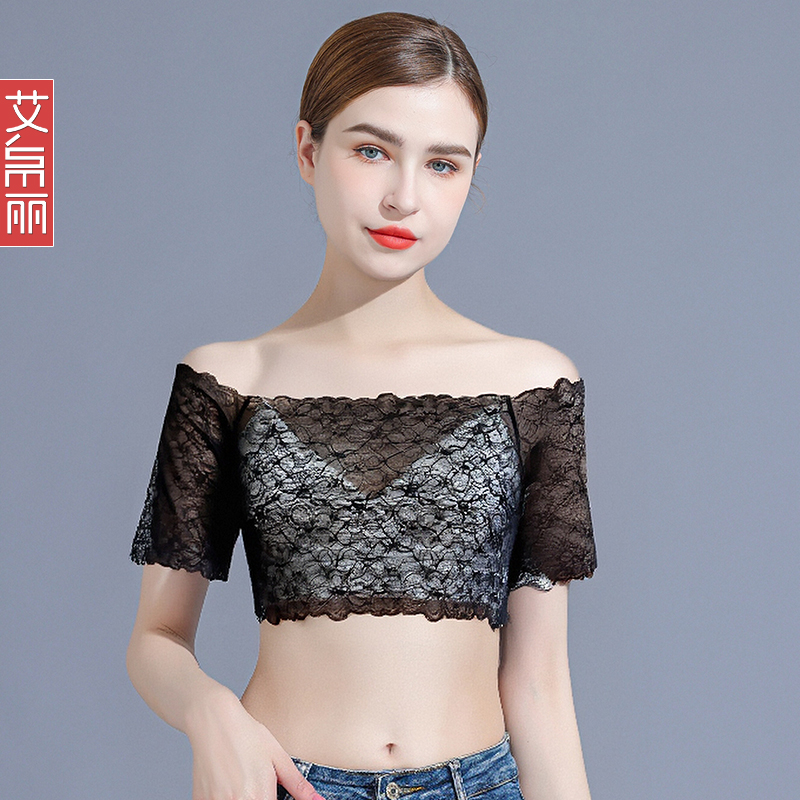 高级感抹胸中袖黑色蕾丝一字肩插肩打底防走光遮肩膀蕾丝衫薄款