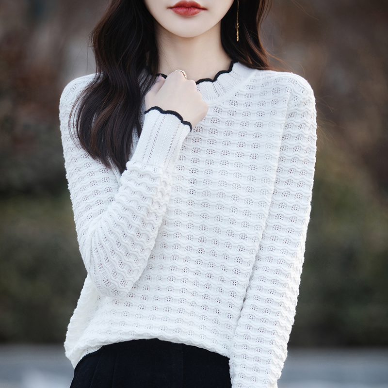 品牌女装秋季新款提花时尚长袖上衣洋气白色显瘦针织衫上衣