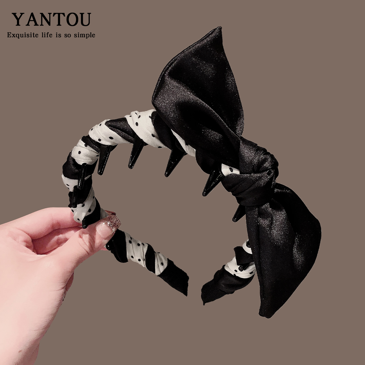 法式兔耳波点蝴蝶结齿梳发箍女高颅顶洗脸防滑压发卡日常外戴头箍