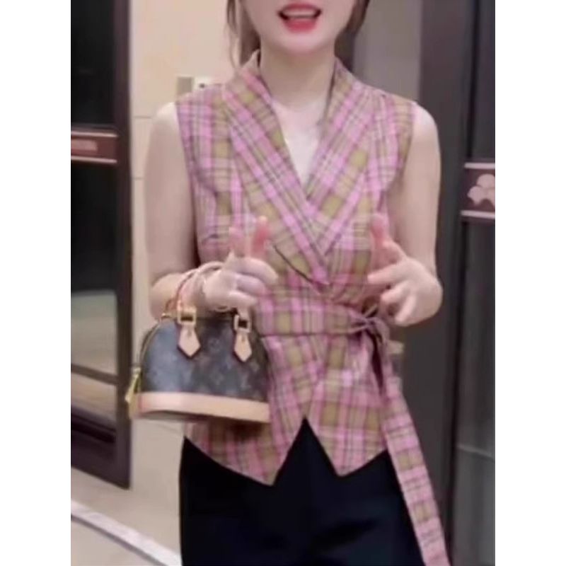 哥弟阿玛施正品法式复古格子挂脖无袖衬衫女2025年夏季新款设计感