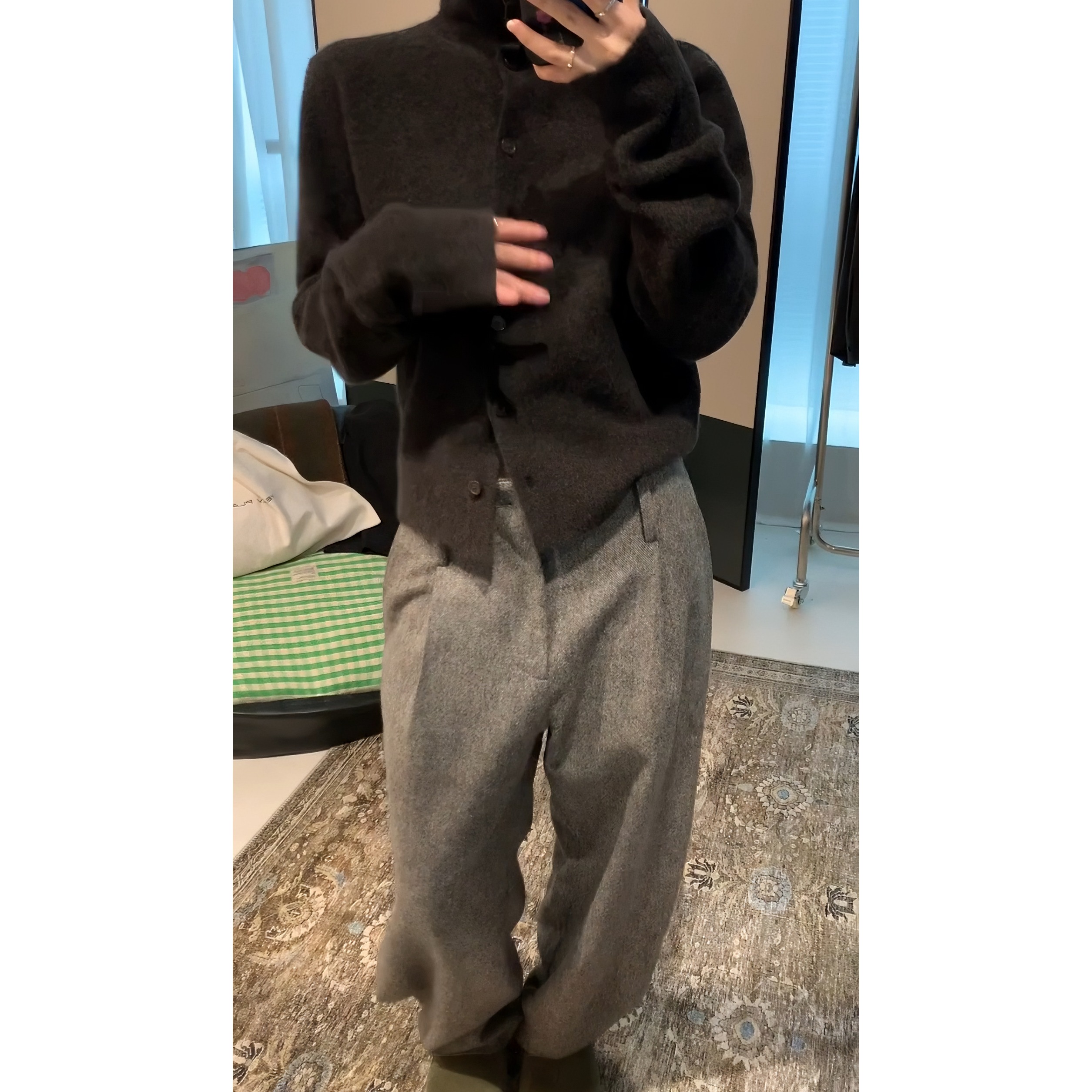 法式复古棕色高领开衫毛衣秋冬气质打底内搭加厚针织衫上衣+裤子