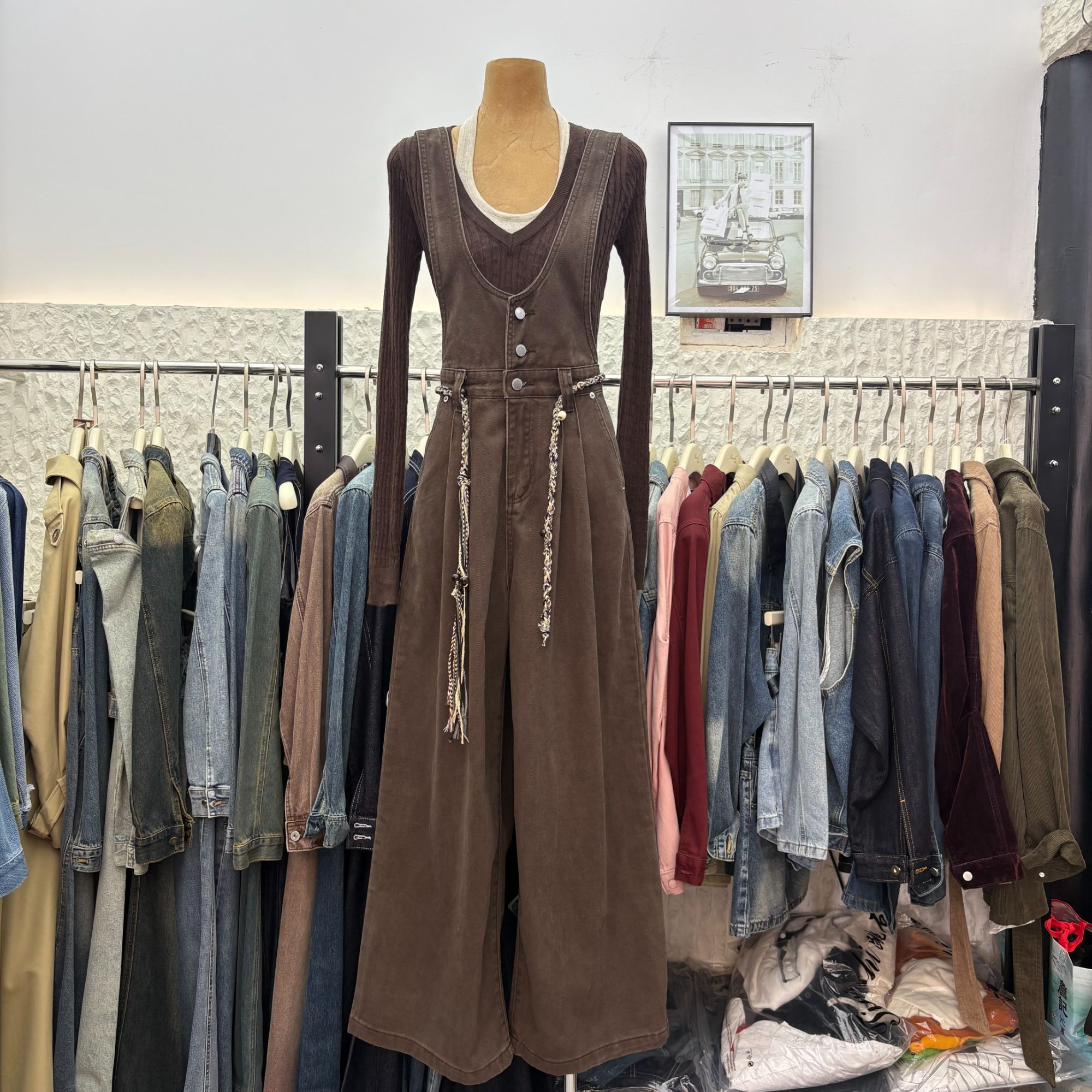 K9059牛仔直筒裤水洗高腰老钱风背带休闲裤长裤百搭显瘦阔腿裤