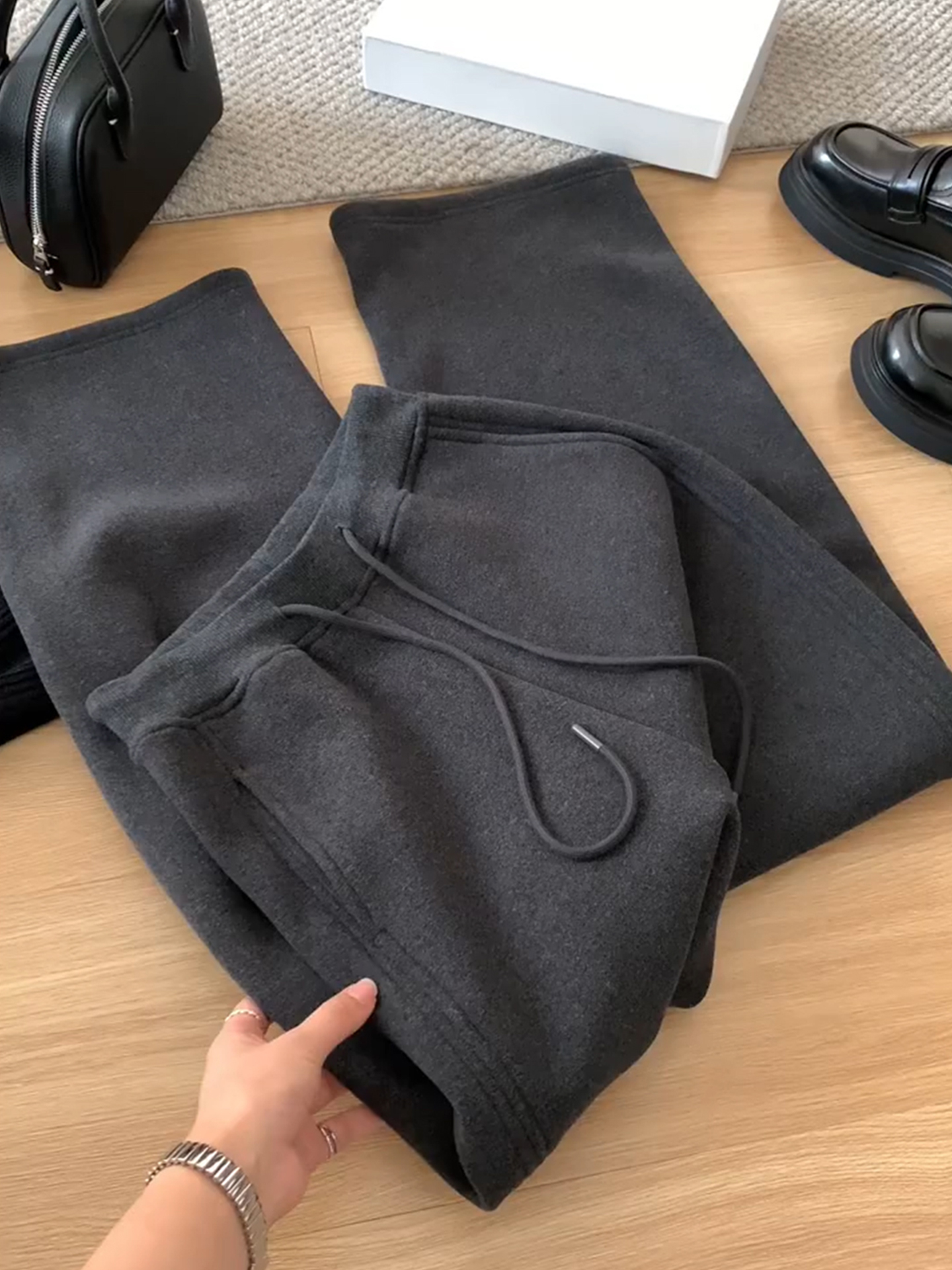 慵懒风高腰抽绳直筒加绒裤子女秋冬新款大码胖mm遮胯显瘦休闲裤