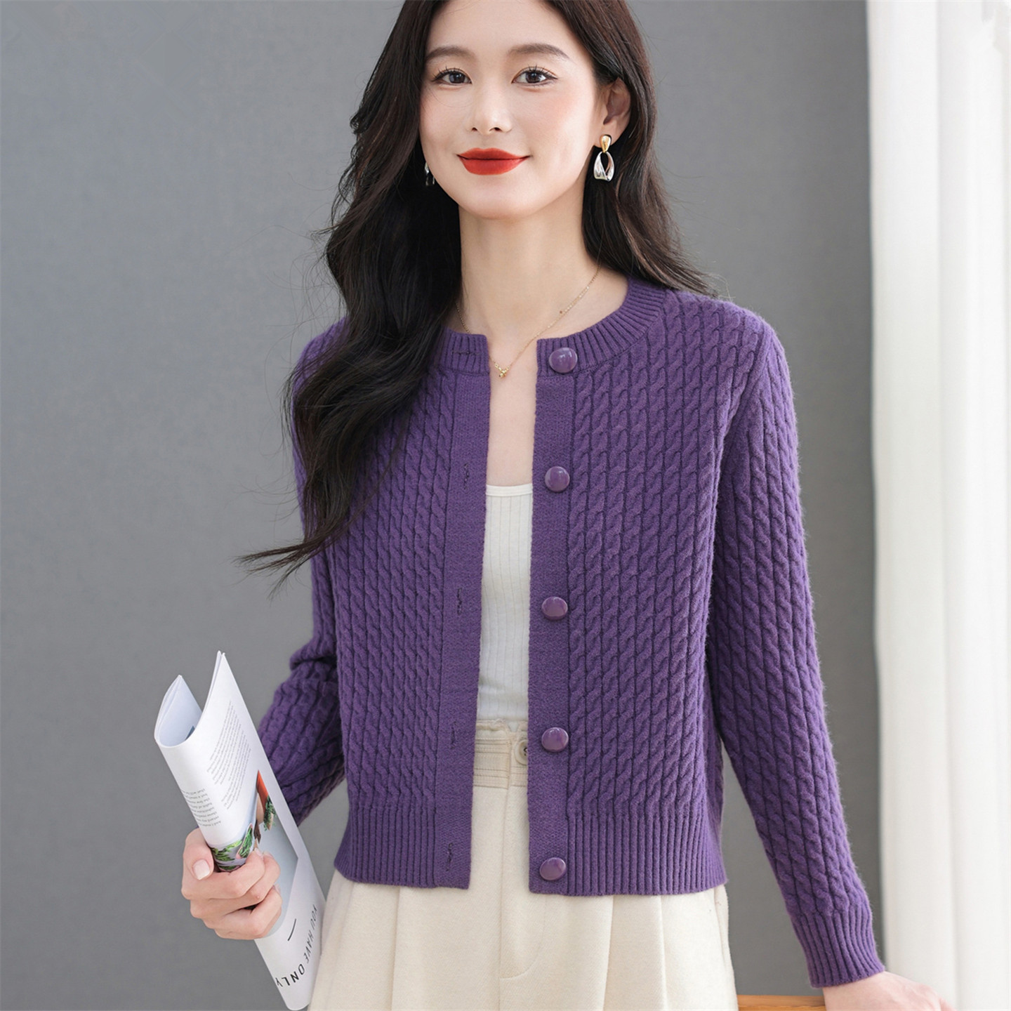 秋季短款针织衫女圆领长袖开衫宽松显瘦毛衣外套上衣小个子外搭潮