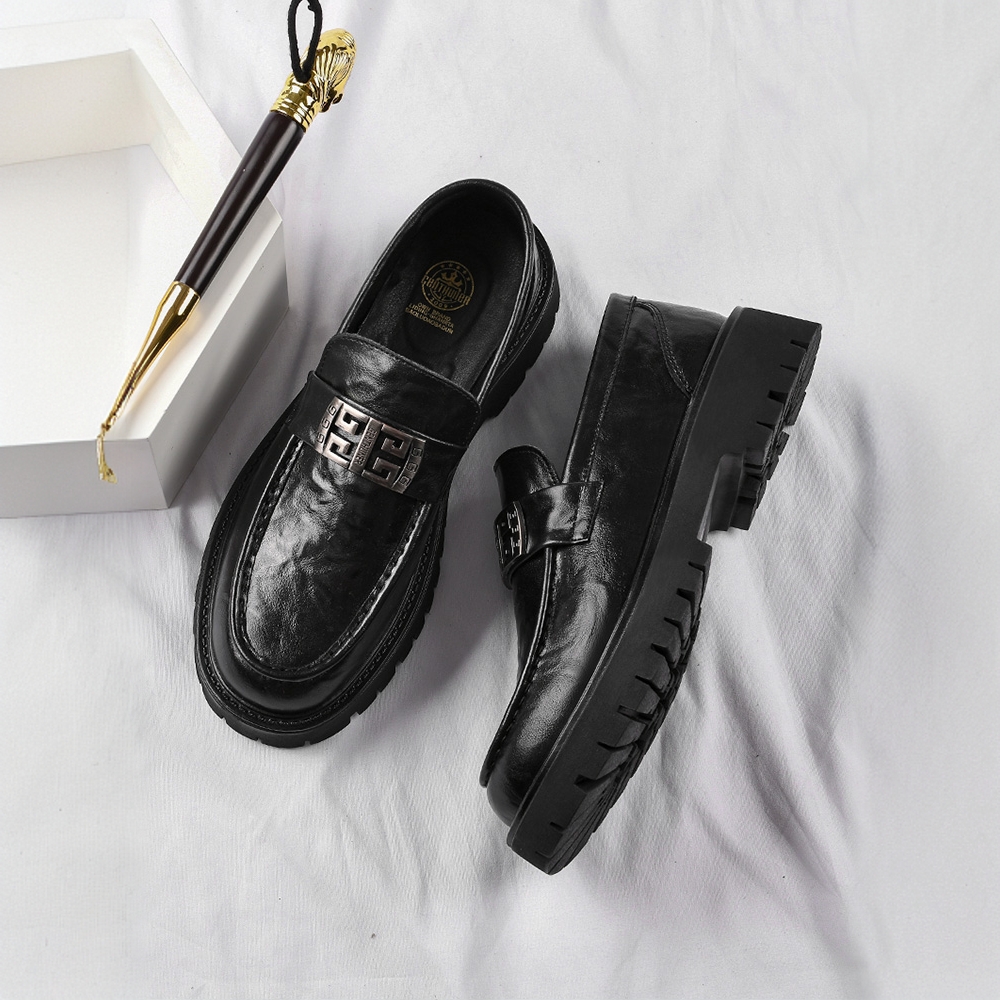 潮流男士皮鞋2025新款商务英伦时尚百搭休闲套脚厚底增加绒豆豆鞋