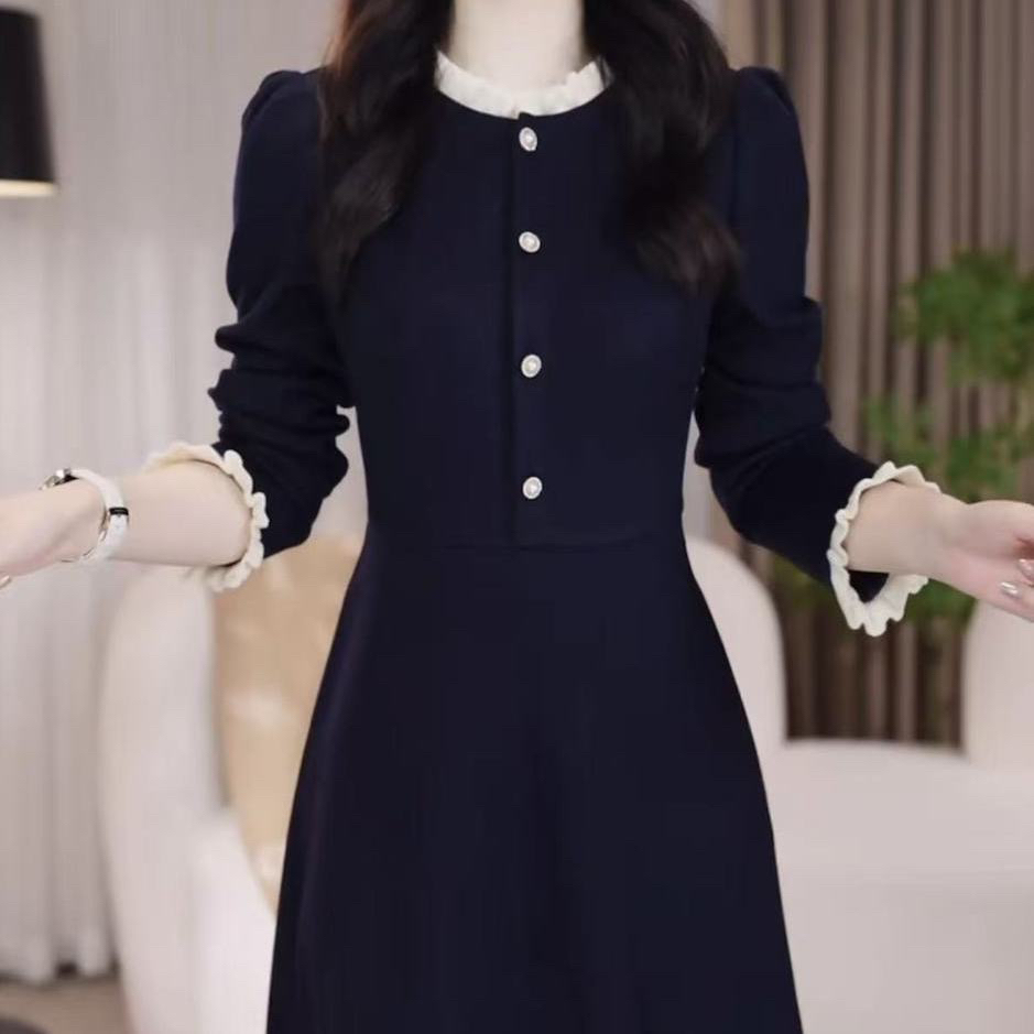 高级磨毛精纺优雅百搭拼接礼服裙2025秋季新款收腰显瘦减龄连衣裙