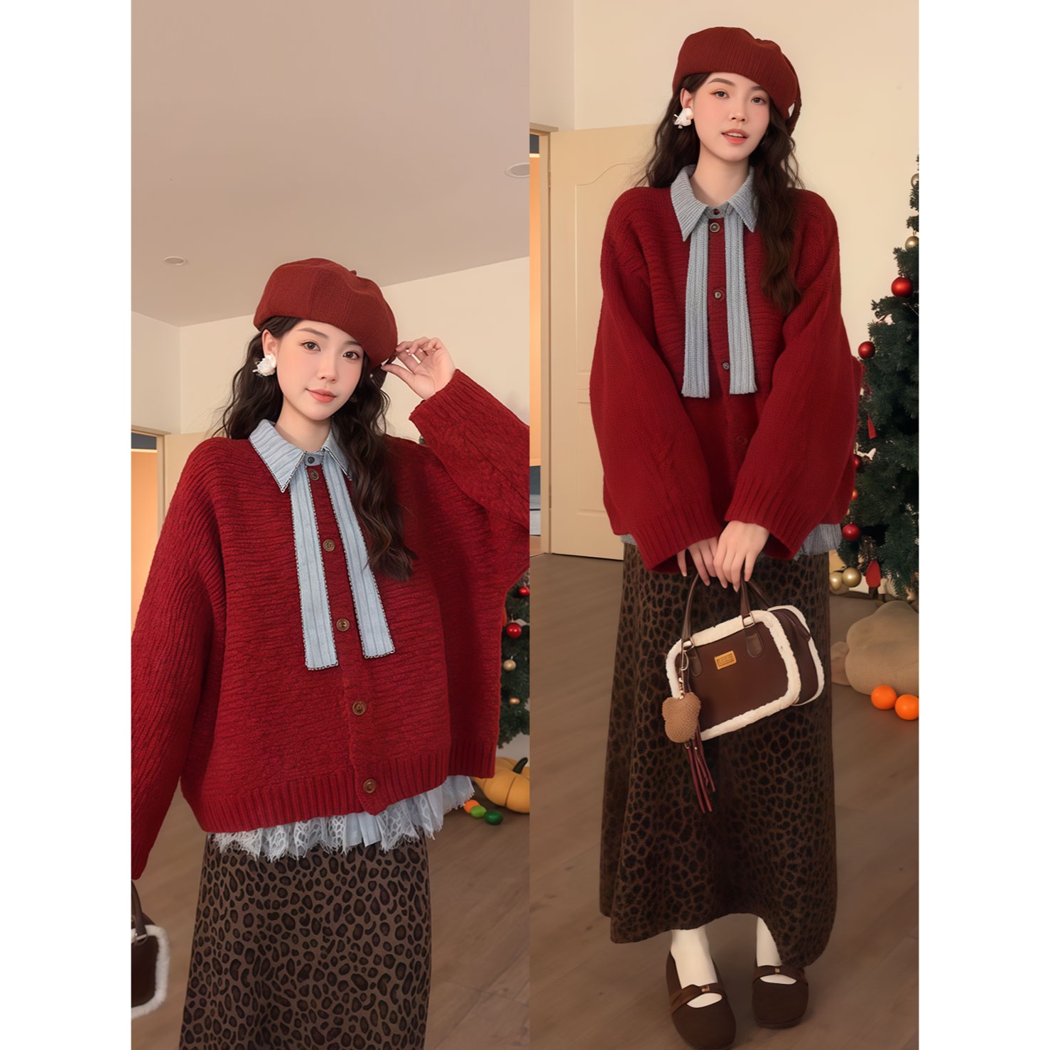 氛围感穿搭红色针织毛衣蕾丝拼接衬衫豹纹半身裙女圣诞新年一整套