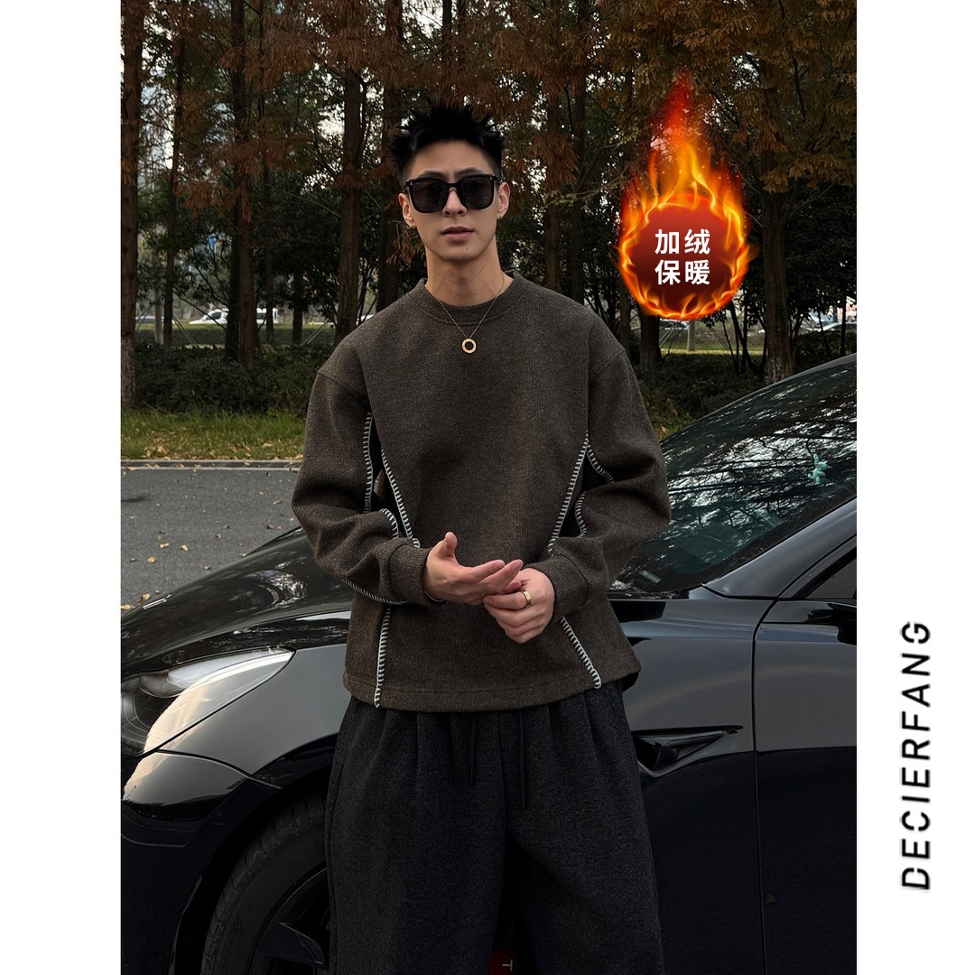 定制撞色羊毛混纺编织花边加绒男士卫衣冬季上衣潮流圆领套头上衣