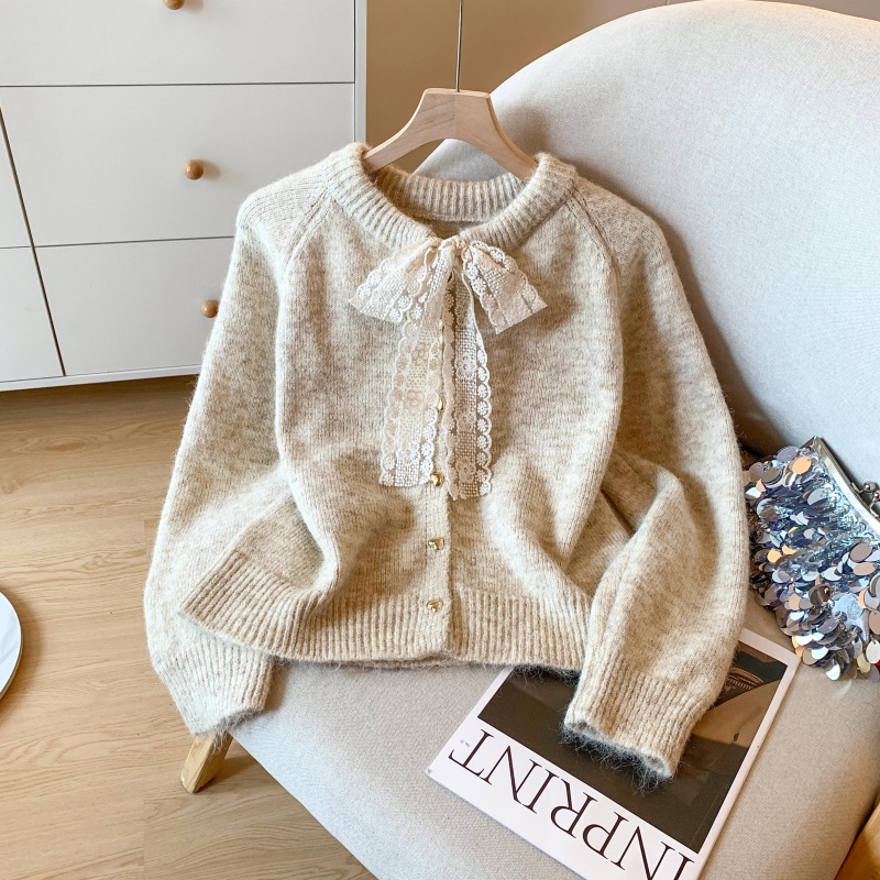 设计感蕾丝系带毛衣开衫女2025新款秋冬季慵懒风加厚软糯针织外套