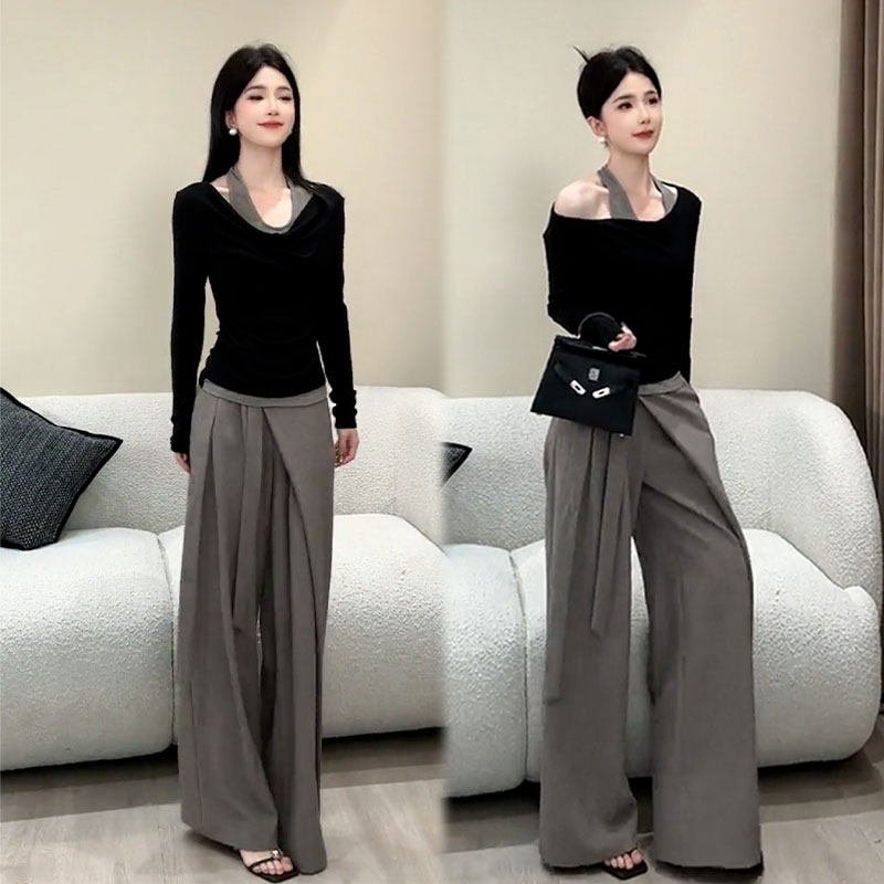 2025秋季新款设计感法式时尚百搭长袖挂脖上衣女搭配休闲裤两件套