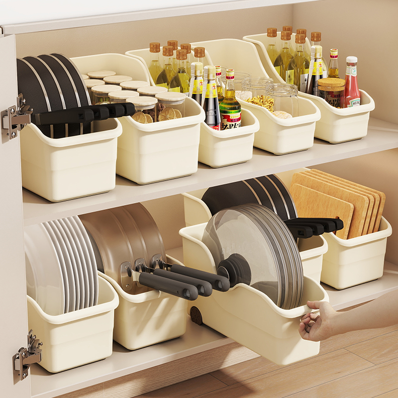 家用厨房锅具收纳盒带滑轮锅盖置物架调料杂物加长收纳筐桌面储物