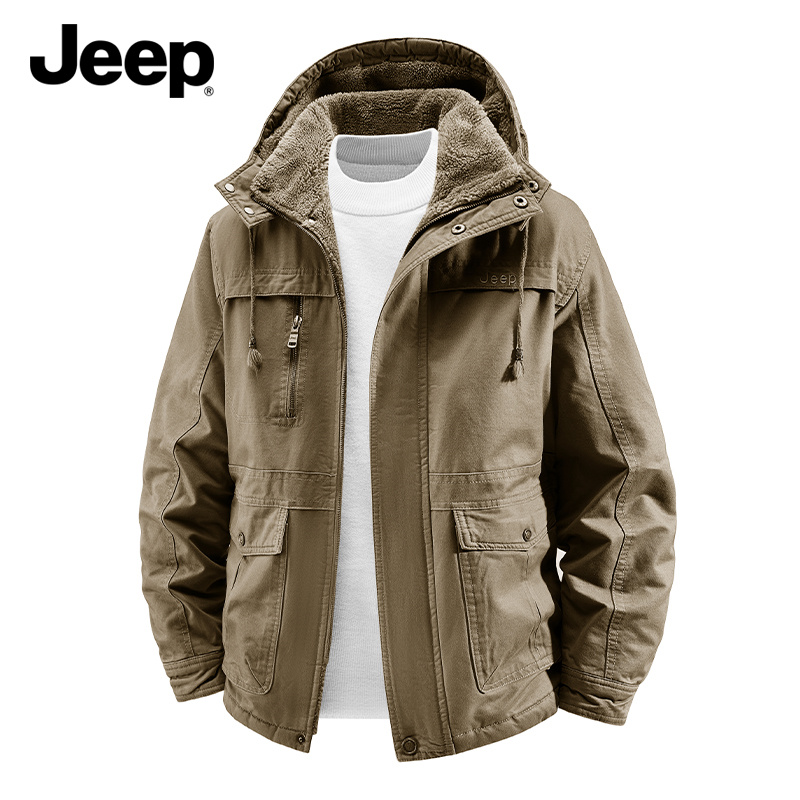 Jeep吉普官方正品男纯棉加绒加厚立领外套美式复古连帽工装风棉服
