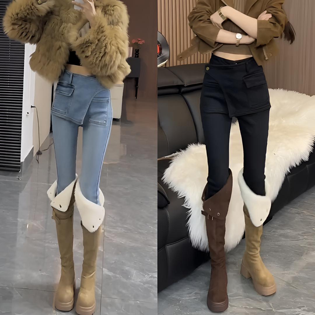 2025秋冬款加绒加厚假两件修身牛仔裤女大码女装遮胯显瘦弹力靴裤