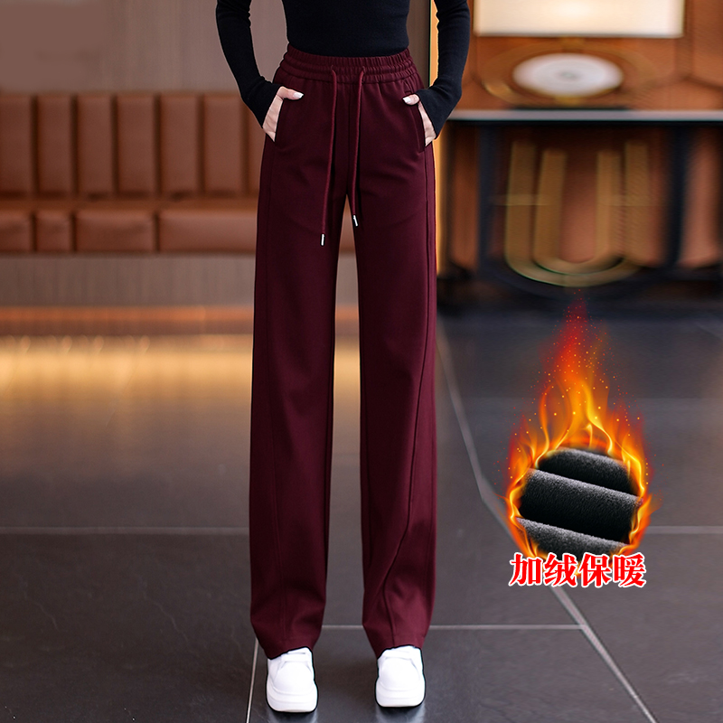 拉夏贝尔安可拉红窄版阔腿裤女秋季2025新款松紧腰宽松垂感直筒裤