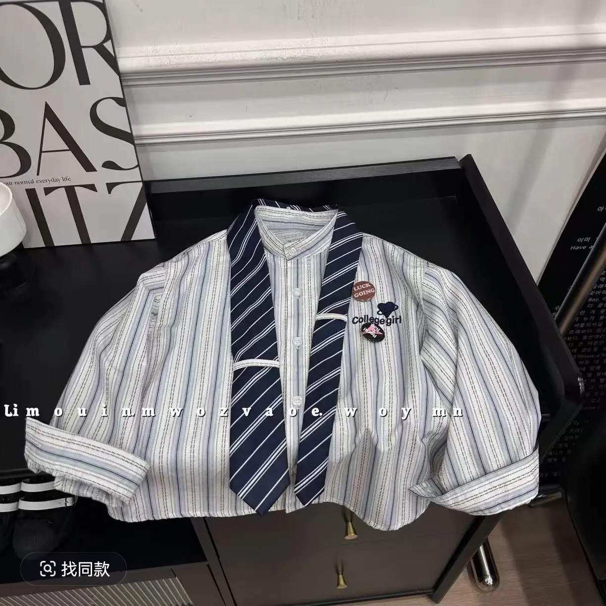 男童韩版学院风条纹衬衫2025春秋季新款撞色宽松刺绣领带时髦上衣