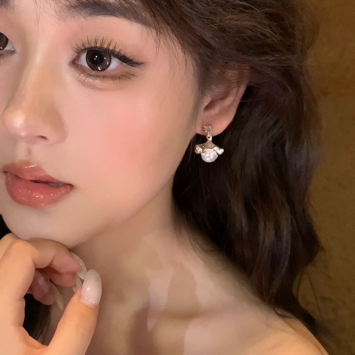 合金锆石耳饰 扇形银杏叶流苏耳环法式锆石优雅耳环小众设计耳饰