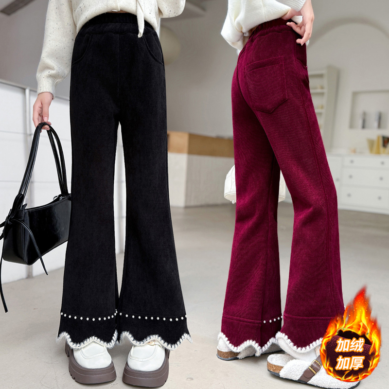 女童加绒喇叭裤秋冬季新款中大童加厚一体绒裤子洋气儿童微喇裤潮