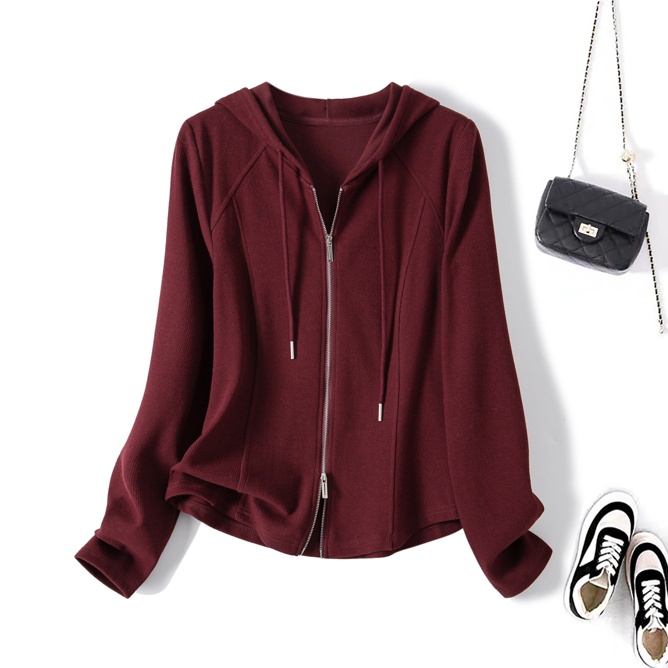 2025秋季大码安可拉红减龄连帽卫衣女设计感双拉链开衫上衣63711