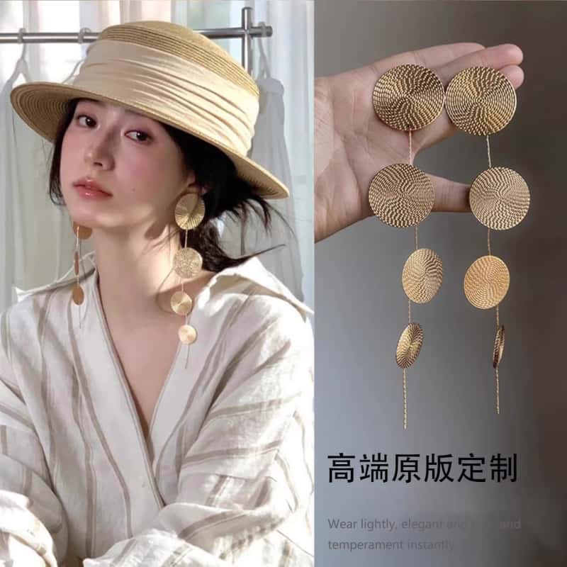 铜合金耳饰 金色圆片长款流苏耳环夸张小众高级感气质时尚耳钉女