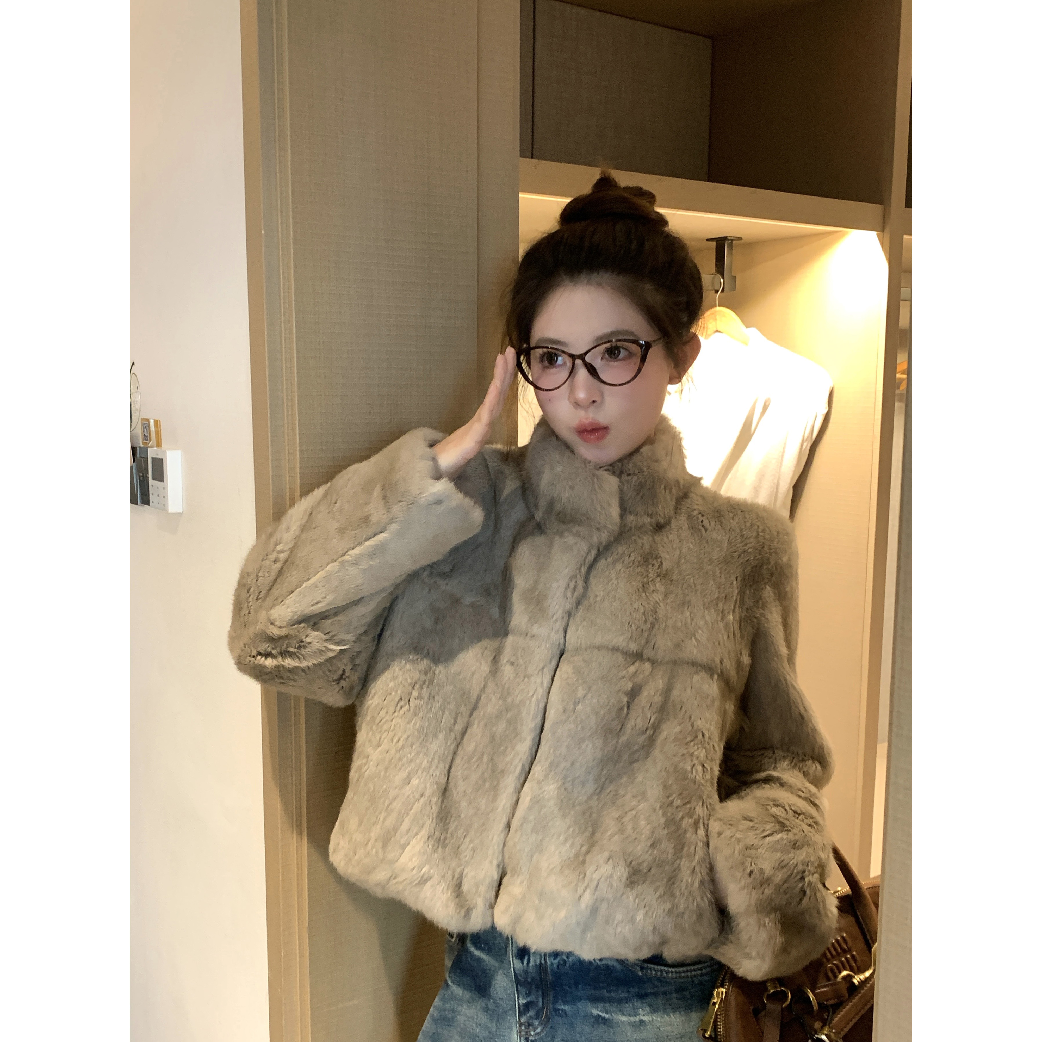 小沈美眉 冬日暖兔 贵气千金感立领兔毛皮草外套秋冬宽松显瘦上衣