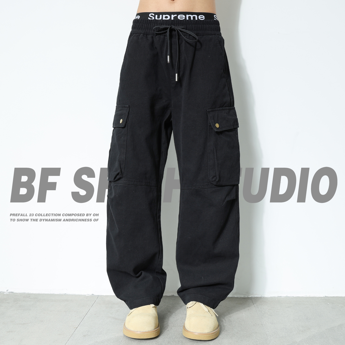 复古大口袋黑色工装裤男宽松直筒松紧腰休闲裤水洗美式高街长裤子