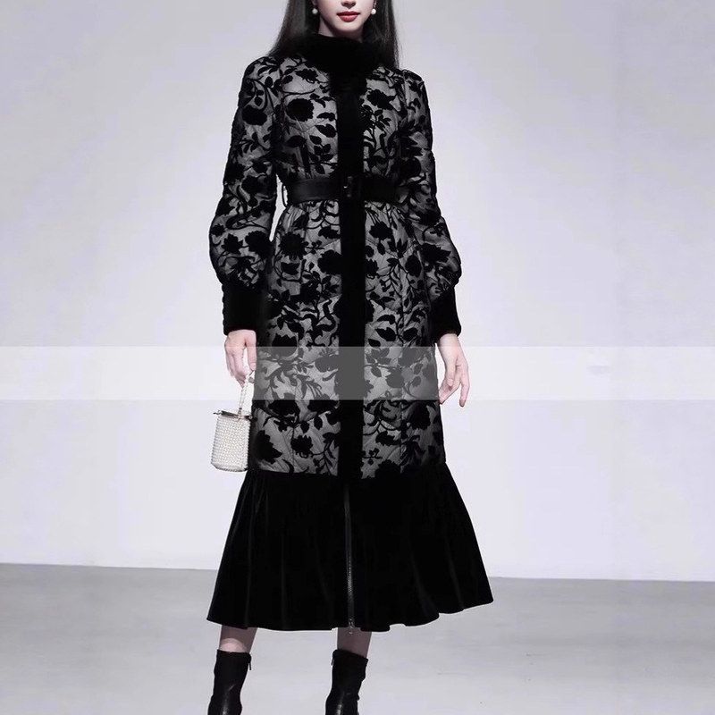 冬季新款女装中式立领灯笼袖收腰鱼尾荷叶边丝绒羽绒服洋气外套