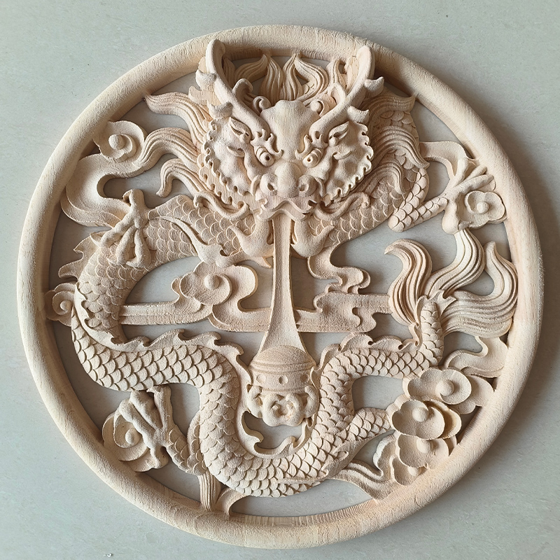 东阳木雕橡胶木雕刻中式实木单龙圆形木雕贴花壁挂家具背景墙装饰
