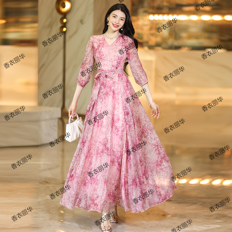 香衣丽华09-369夏新款7分袖花色大摆过膝连衣裙修身显瘦气质长裙