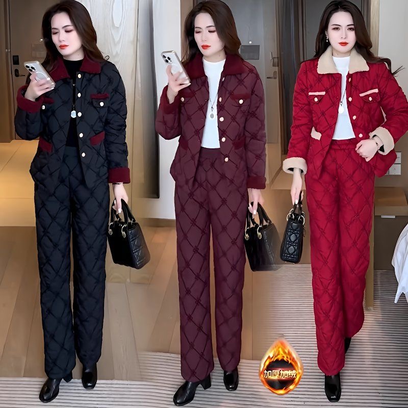 2025秋冬新款刺绣加绒加厚时尚套装小香风棉衣棉裤保暖两件套5548