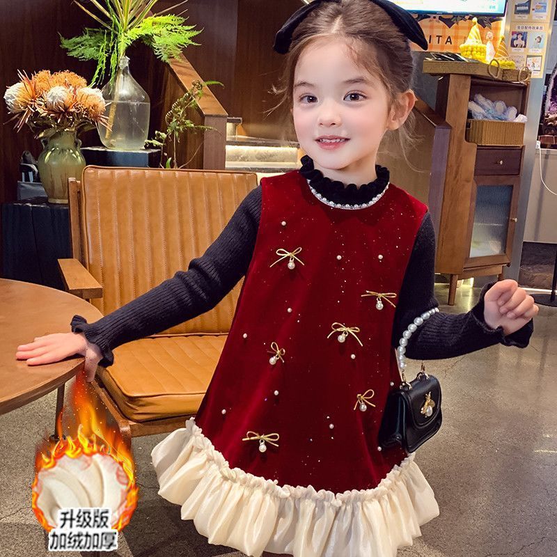 女孩礼服加绒连衣裙中大童秋冬新款蝴蝶结甜美拼接气质花边背心裙