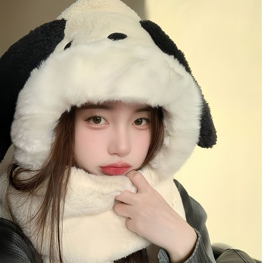 可爱帕恰狗连帽卡通冬天毛茸茸围巾手套帽子三件套骑行护耳帽APY