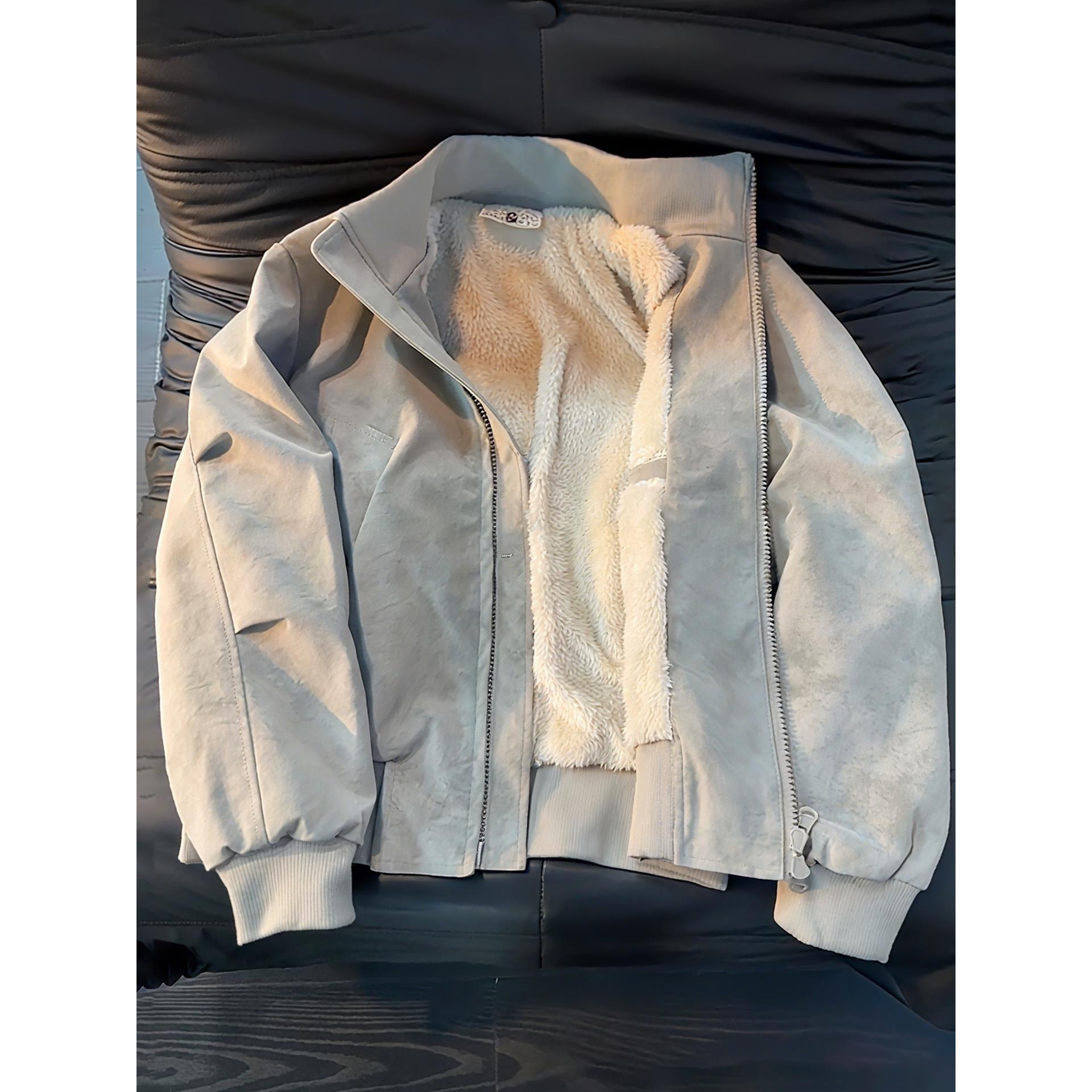 美式雾面扎染羊羔绒外套男冬季加绒加厚夹克棉服立领PU皮机车皮衣