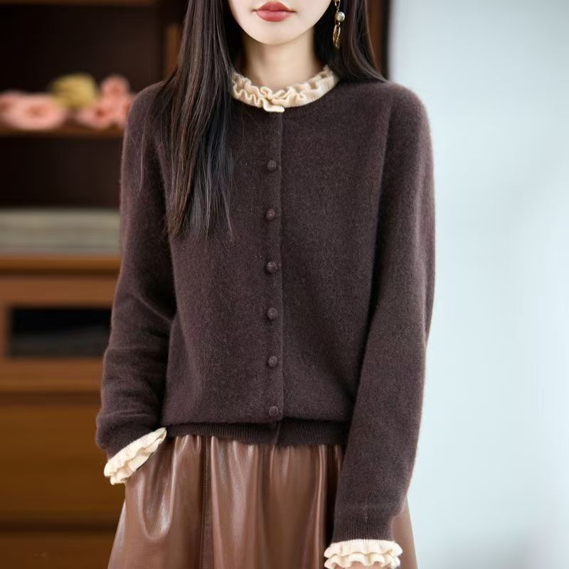 100%羊毛木耳边长袖包扣开衫女秋冬款时尚百搭通勤简约针织上衣