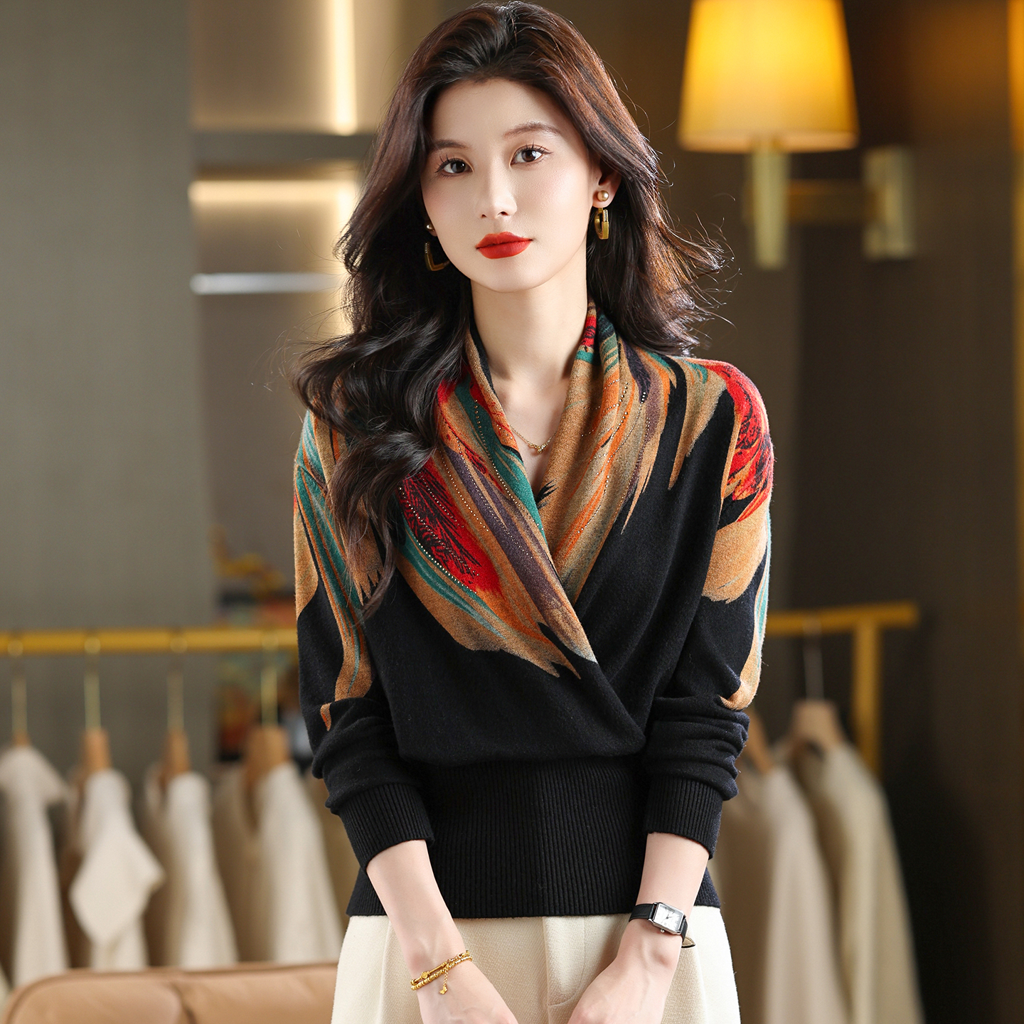 哥弟阿玛施正品秋季新款拼色印花V领长袖针织衫法式短款洋气通勤
