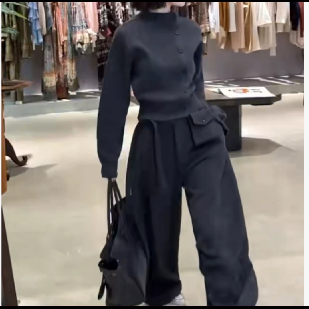 新款高级感轻熟风不规则上衣高腰显瘦阔腿裤女装