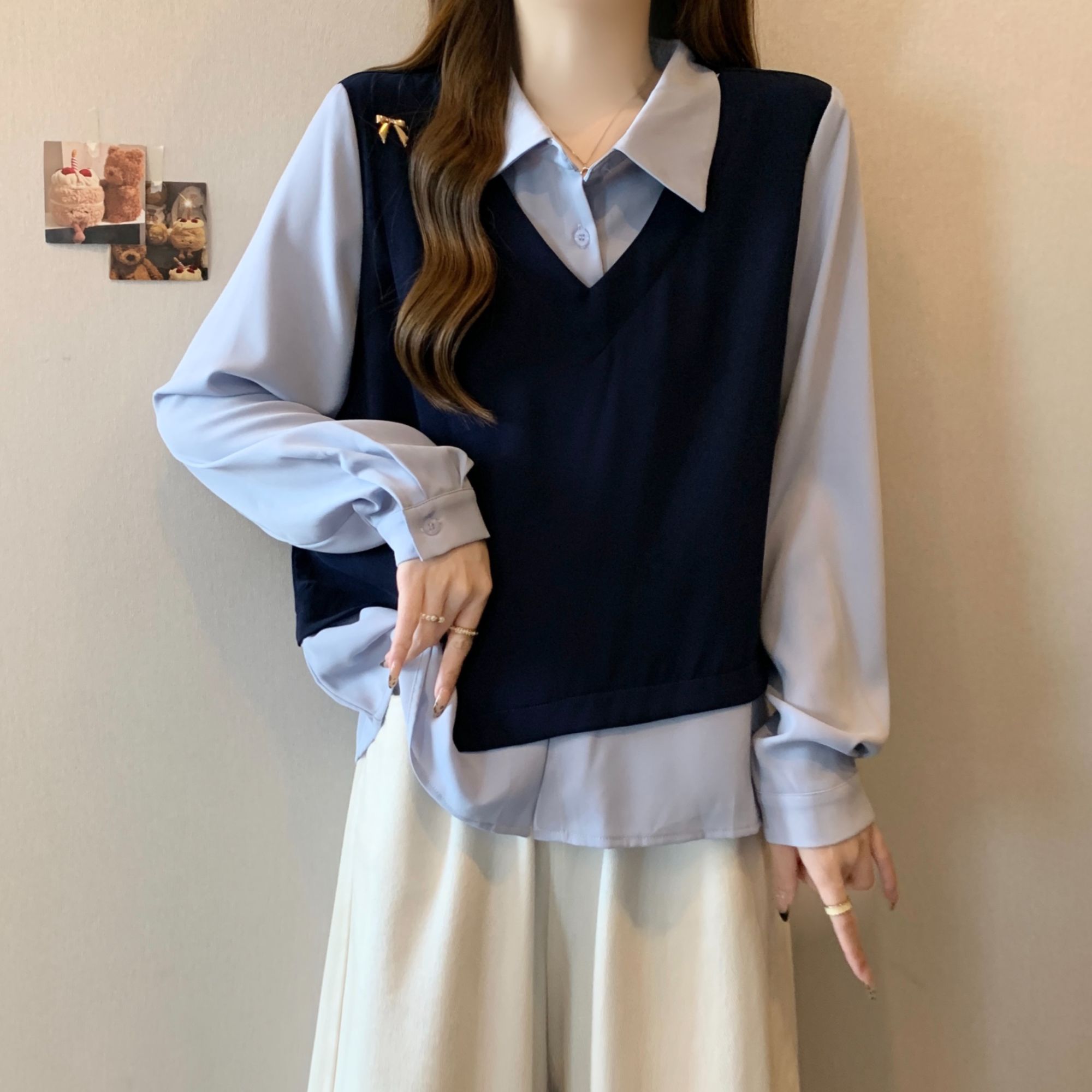 大码法式假两件马甲拼接长袖衬衫女春秋胖MM宽松显瘦百搭洋气上衣