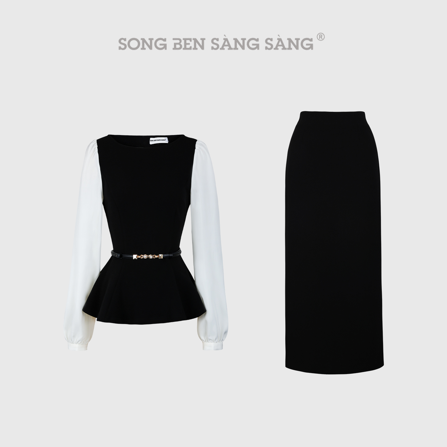 松本丧丧千金优雅收腰衬衫拼接假两件上衣半裙两件套B253H0145