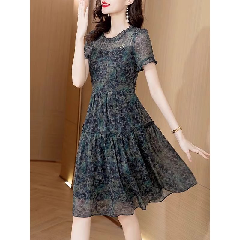 哥弟阿玛施正品雪纺连衣裙子女士装夏季2025年新款大码短袖小个子